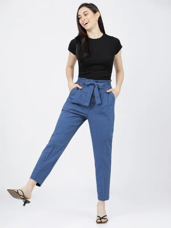  Tokyo Talkies Women Blue Solid Tapered Fit Casual Trousers