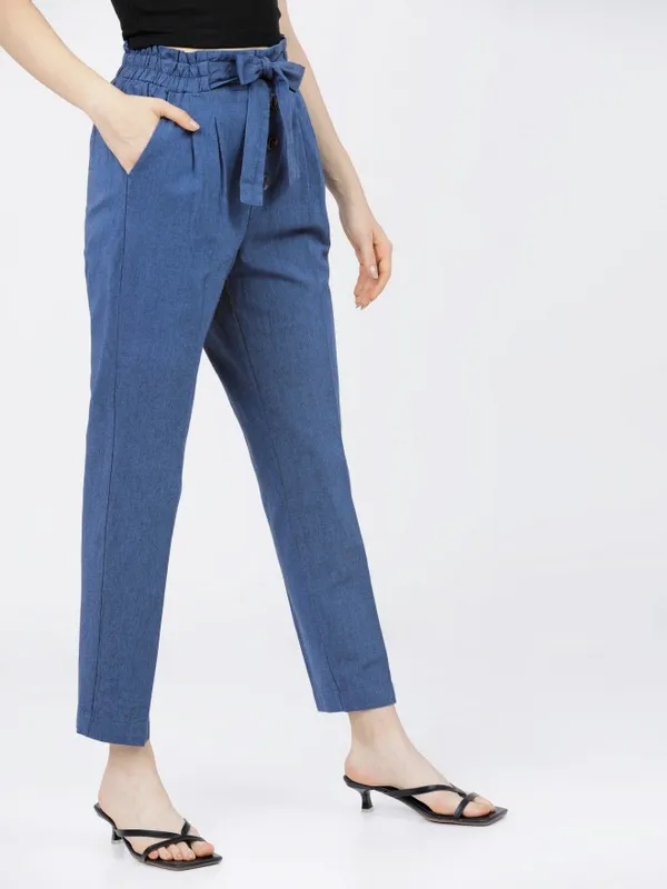  Tokyo Talkies Women Blue Solid Tapered Fit Casual Trousers