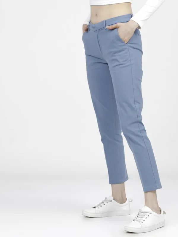  Tokyo Talkies Women Blue Solid Tapered Fit Casual Trousers