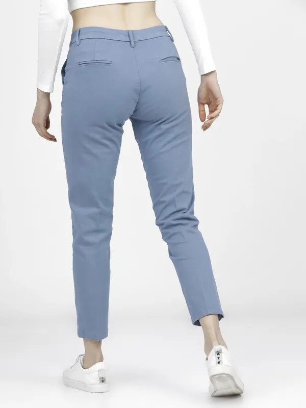  Tokyo Talkies Women Blue Solid Tapered Fit Casual Trousers