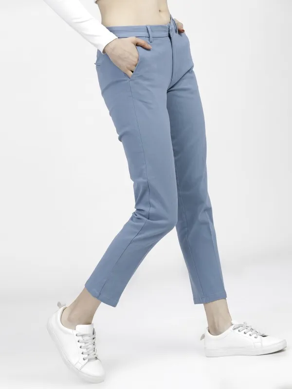  Tokyo Talkies Women Blue Solid Tapered Fit Casual Trousers