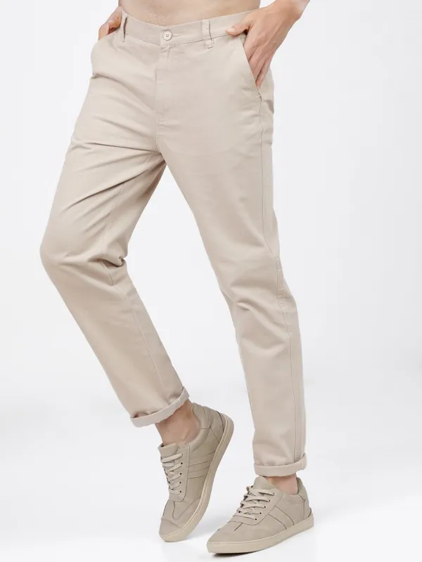  Ketch Men Beige Slim Fit Solid Casual Trousers