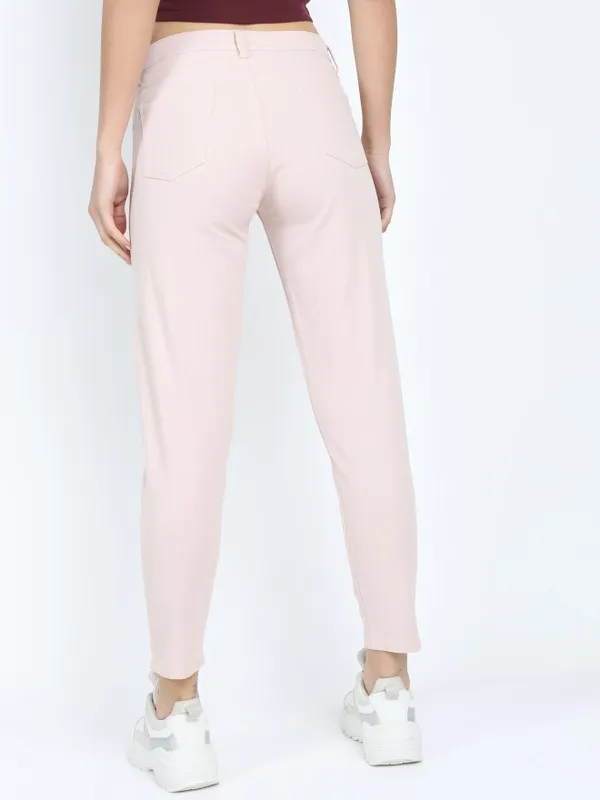  Tokyo Talkies Women Pink Solid Tapered Fit Casual Trousers