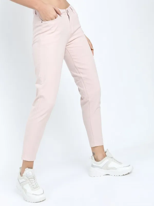  Tokyo Talkies Women Pink Solid Tapered Fit Casual Trousers