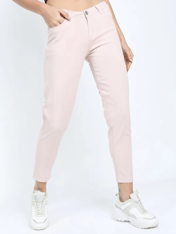  Tokyo Talkies Women Pink Solid Tapered Fit Casual Trousers
