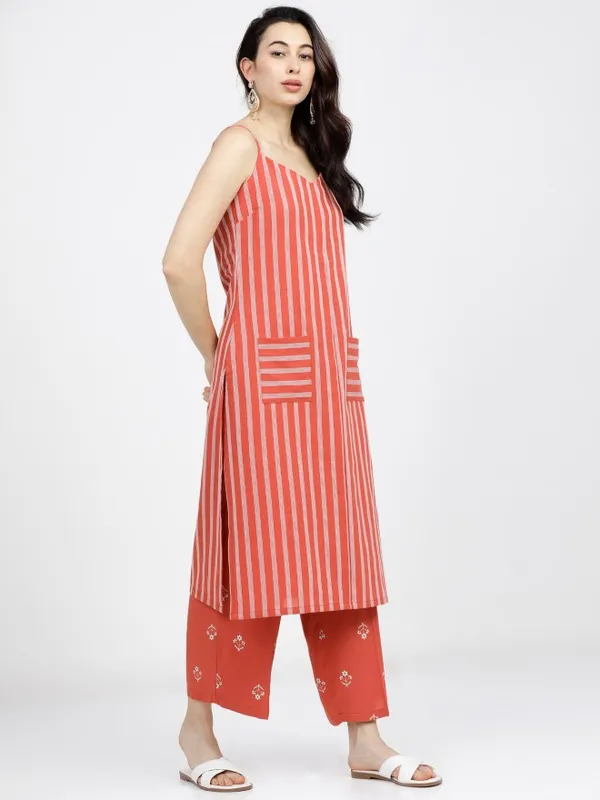  Vishudh Women Terracotta Striped Kurta Sets