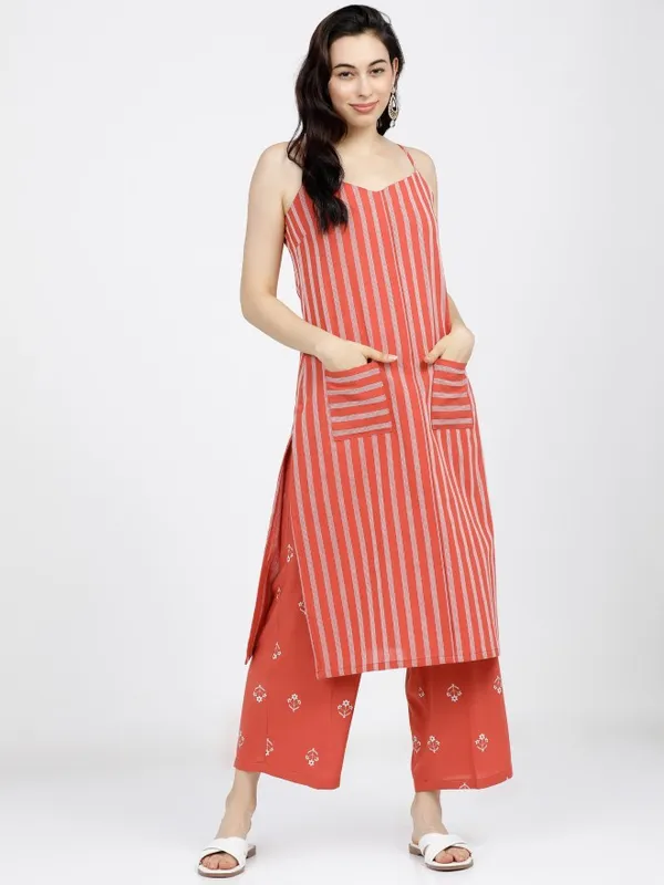  Vishudh Women Terracotta Striped Kurta Sets