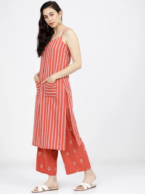  Vishudh Women Terracotta Striped Kurta Sets