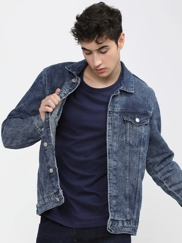 Highlander Men Blue Printed Open Front Jacket