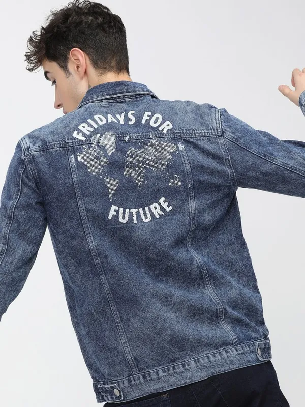 Highlander Men Blue Printed Open Front Jacket