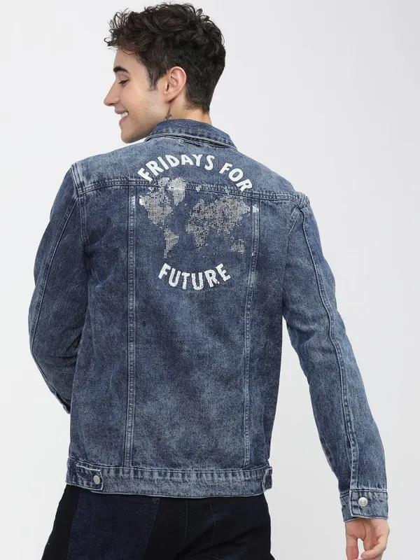 Highlander Men Blue Printed Open Front Jacket