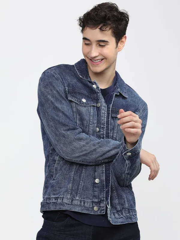 Highlander Men Blue Printed Open Front Jacket