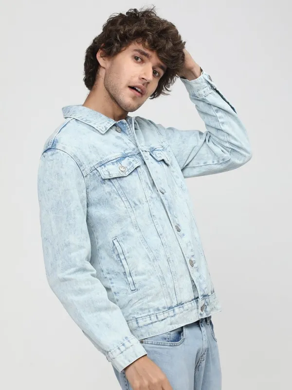  Highlander Men Blue Solid Denim Jacket Jackets