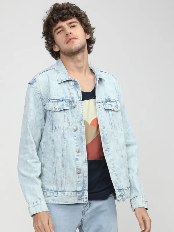  Highlander Men Blue Solid Denim Jacket Jackets