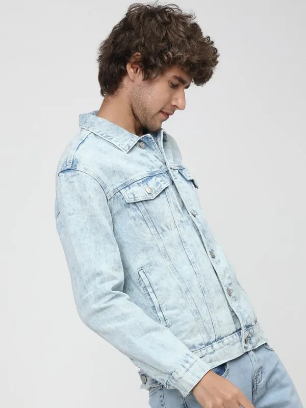  Highlander Men Blue Solid Denim Jacket Jackets