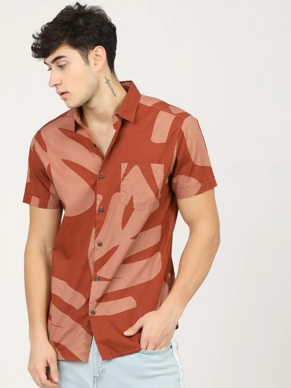  Highlander Men Terracotta Printed Slim Fit Casual Shirts