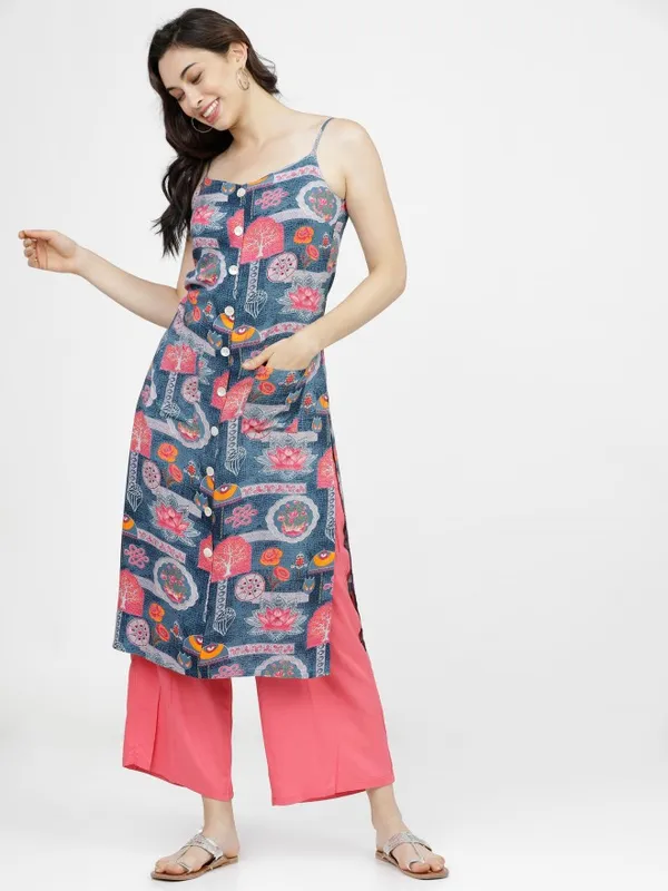  Vishudh Women Blue Printed Straight Kurtas