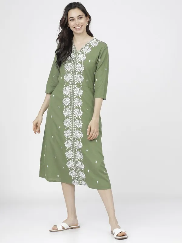  Vishudh Women Green Printed A-Line Ethnic Dresses