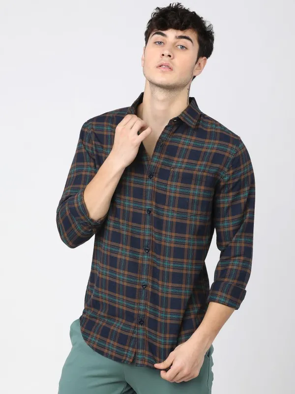  Ketch Men Navy Blue Checked Slim Fit Casual Shirts