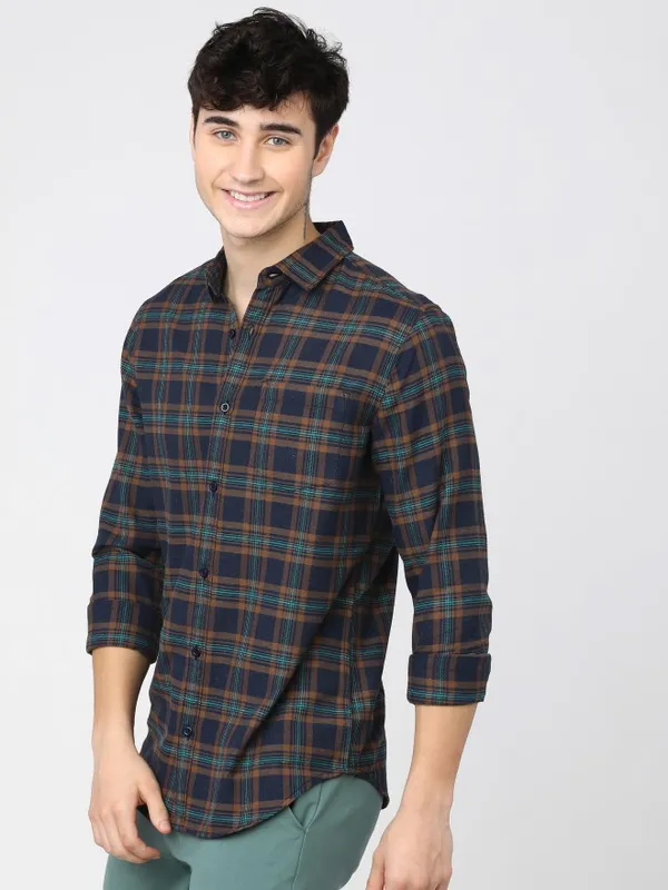  Ketch Men Navy Blue Checked Slim Fit Casual Shirts