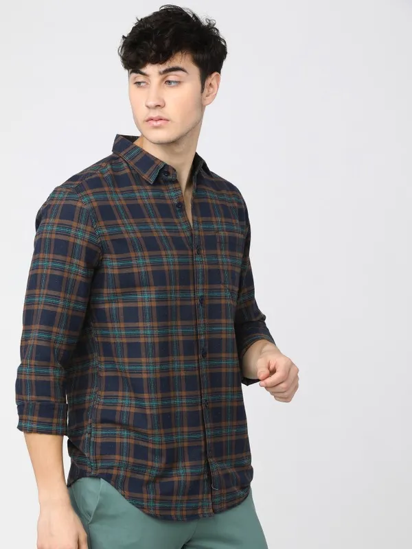  Ketch Men Navy Blue Checked Slim Fit Casual Shirts