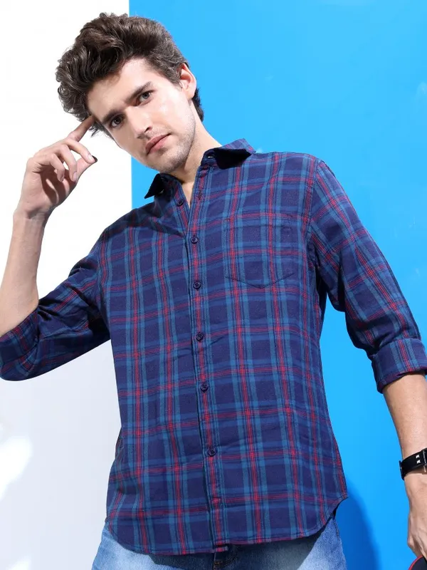  Ketch Men Navy Blue Checked Slim Fit Casual Shirts