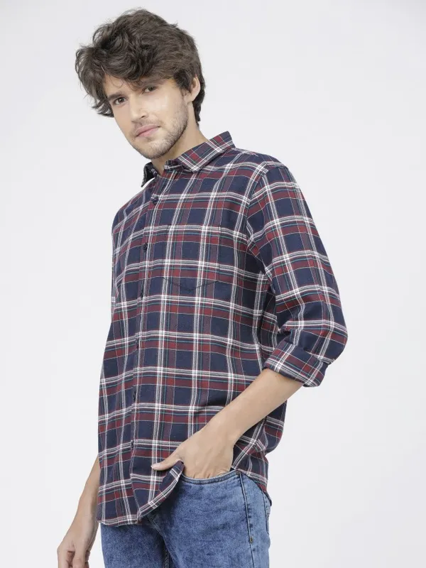  Ketch Men Navy Blue Checked Slim Fit Casual Shirts