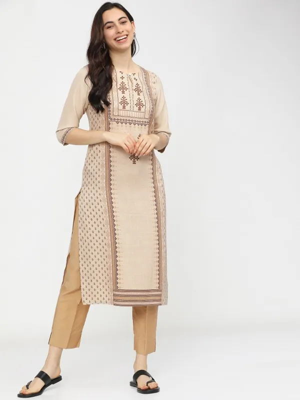  Ketch Women Beige Printed Straight Kurtas