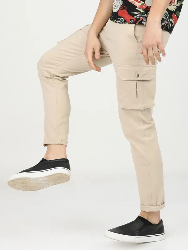  Highlander Men Beige Slim Fit Solid Casual Trousers