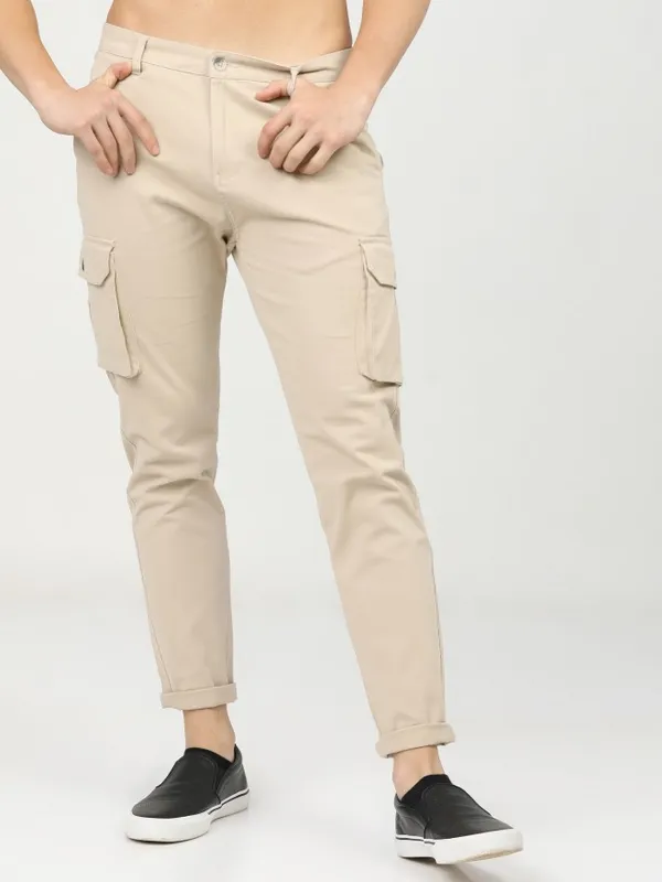  Highlander Men Beige Slim Fit Solid Casual Trousers