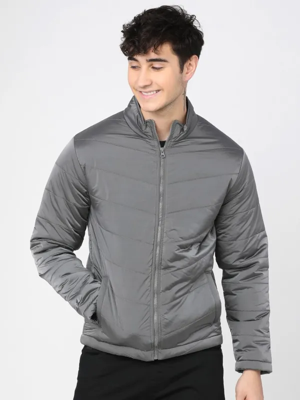  Highlander Men Charcoal Solid Puffer Jacket Jackets