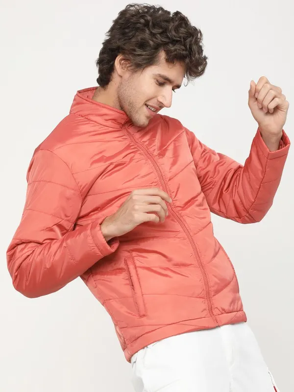  Highlander Men Orange Solid Puffer Jacket Jackets