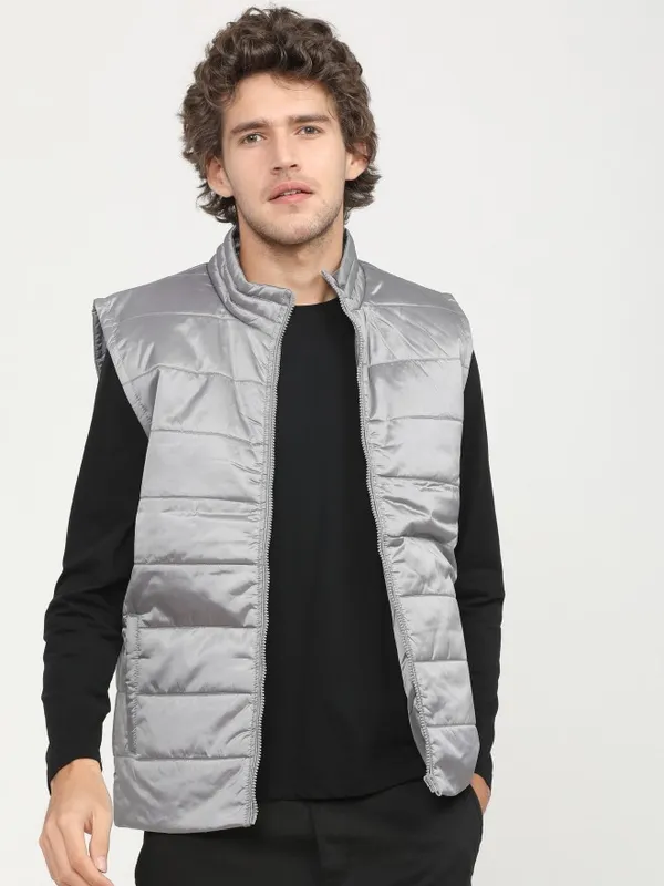  Highlander Men Grey Solid Puffer Jacket Jackets