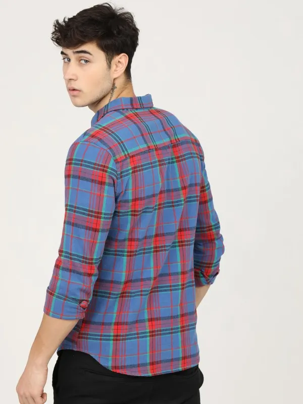  Highlander Men Blue Checked Slim Fit Casual Shirts