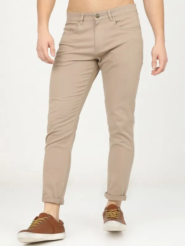  Highlander Men Beige Tapered Fit Solid Casual Trousers