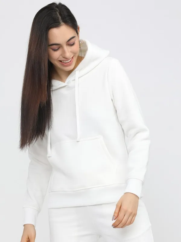  Tokyo Talkies Women White Solid Pullover Hood Sweatshirts