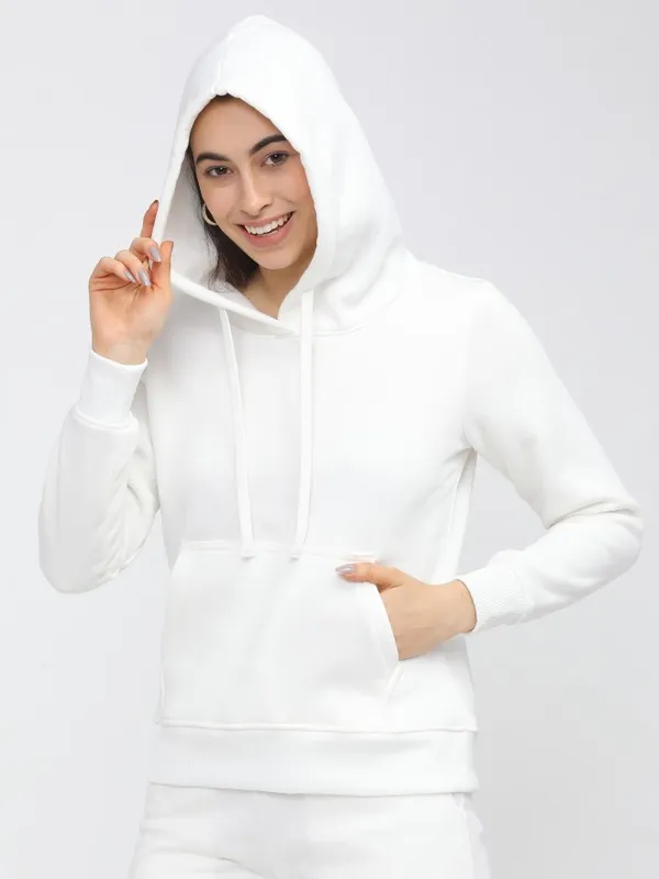  Tokyo Talkies Women White Solid Pullover Hood Sweatshirts