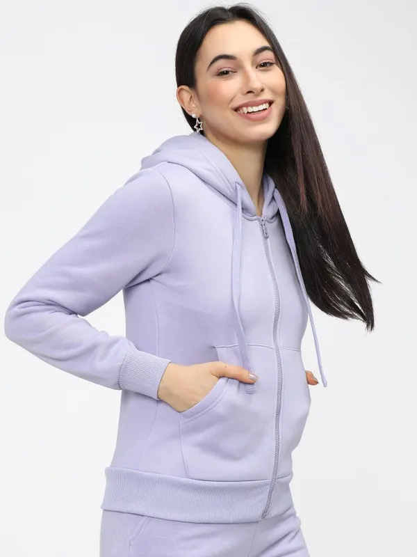  Tokyo Talkies Women Purple Solid Front-Open Hood Sweatshirts