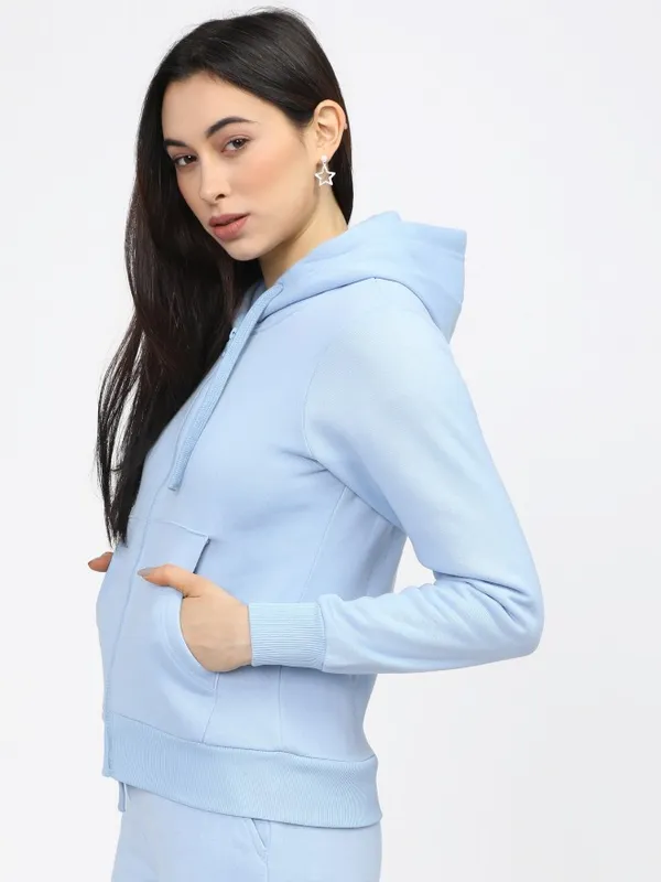  Tokyo Talkies Women Blue Solid Front-Open Hood Sweatshirts