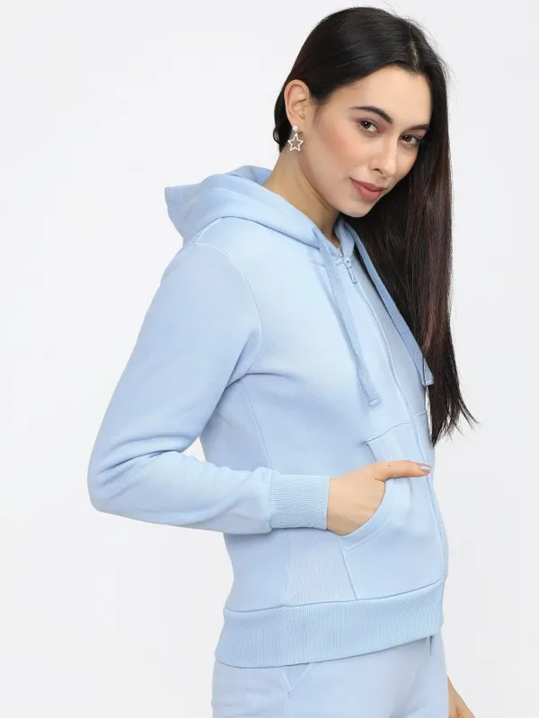  Tokyo Talkies Women Blue Solid Front-Open Hood Sweatshirts