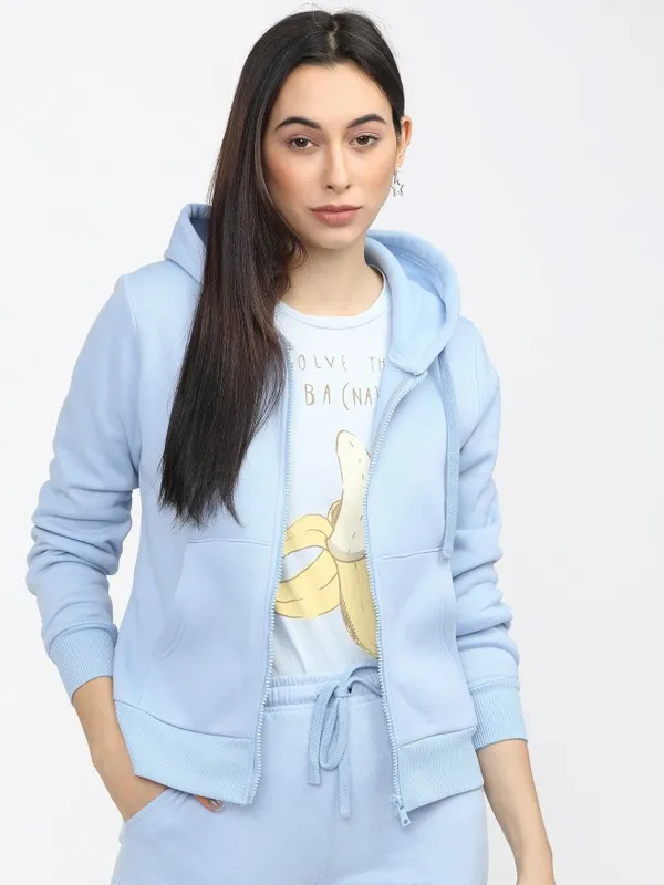  Tokyo Talkies Women Blue Solid Front-Open Hood Sweatshirts