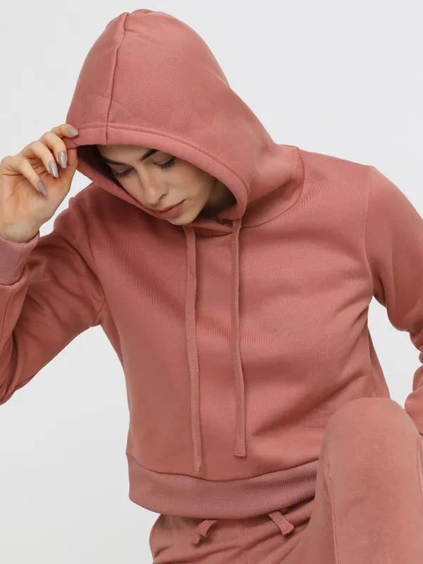  Tokyo Talkies Women Pink Solid Pullover Hood Sweatshirts