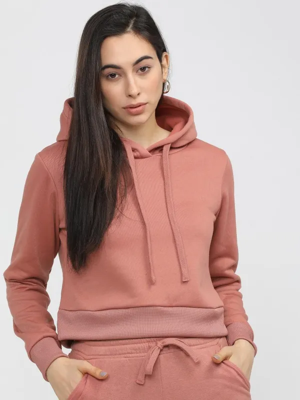  Tokyo Talkies Women Pink Solid Pullover Hood Sweatshirts