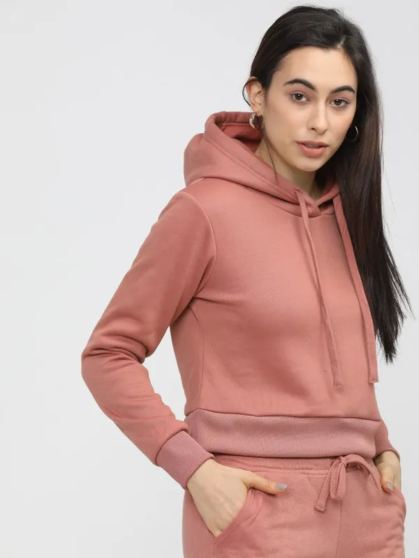  Tokyo Talkies Women Pink Solid Pullover Hood Sweatshirts