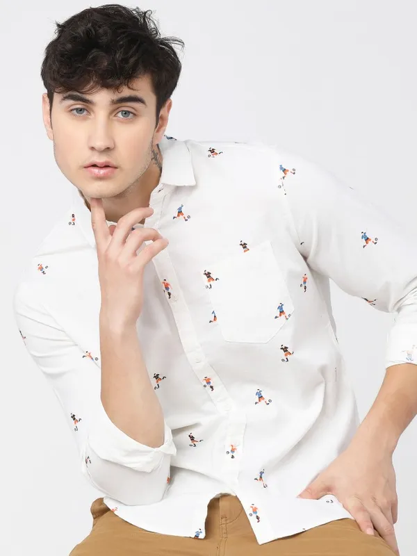  Ketch Men White Printed Slim Fit Casual Shirts