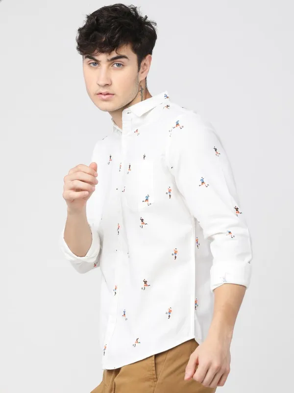  Ketch Men White Printed Slim Fit Casual Shirts