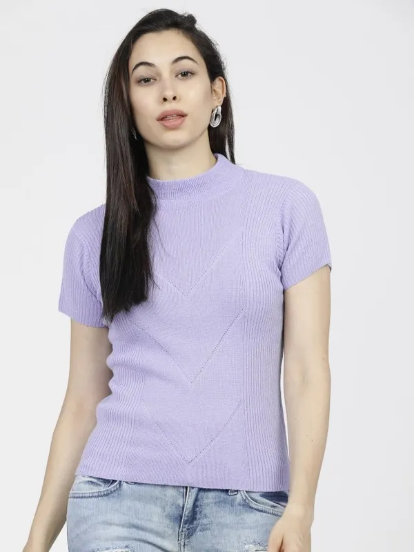  Tokyo Talkies Women Lavender Mock Collar Sweaters