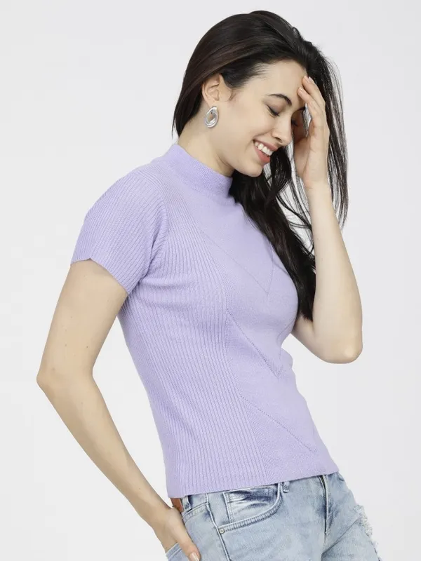  Tokyo Talkies Women Lavender Mock Collar Sweaters