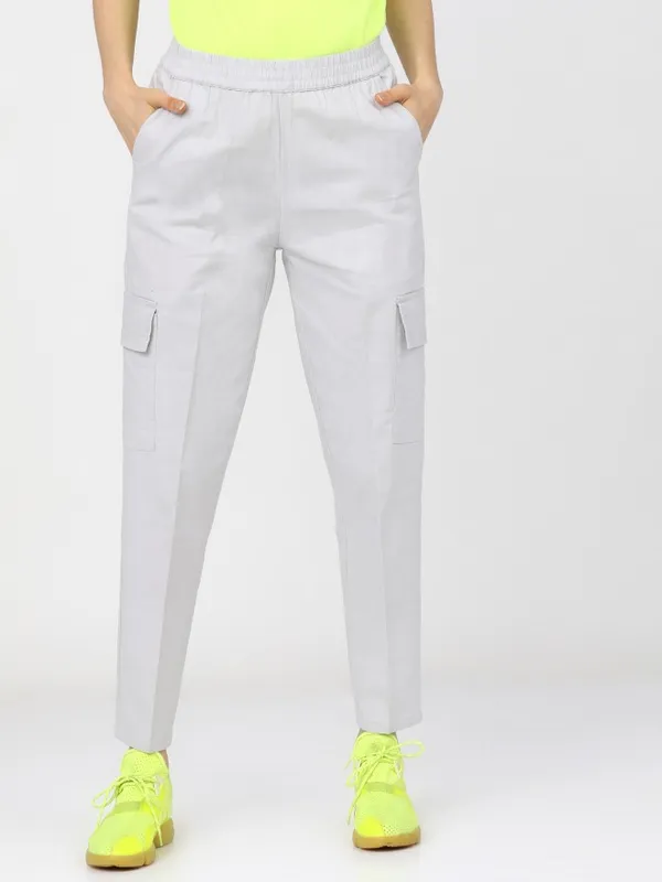  Tokyo Talkies Women White Solid Straight Fit Casual Trousers