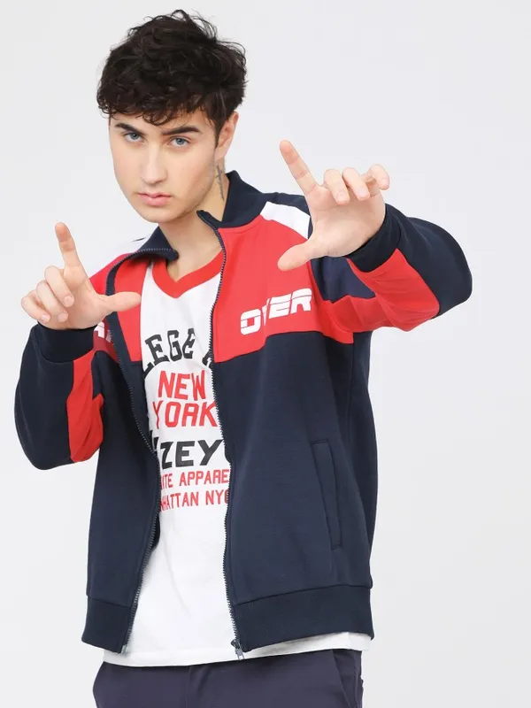 Highlander Men Navy Blue High Neck Front-Open Sweatshirt